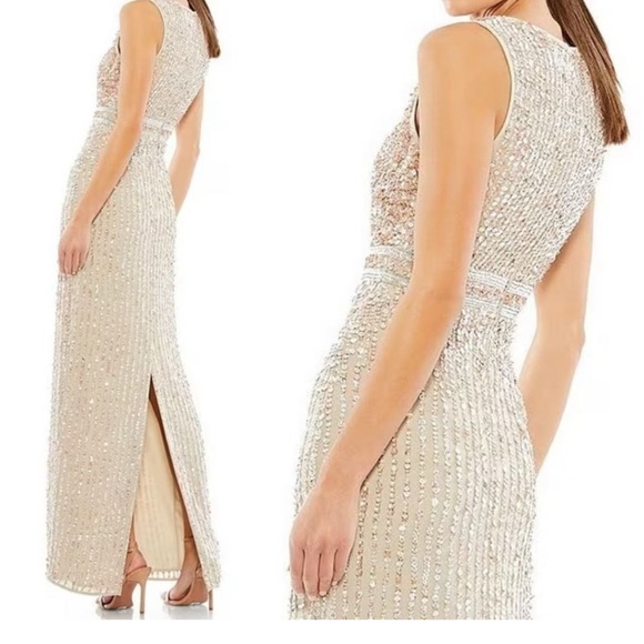 Mac Duggal Sequin High Neck Sleeveless Column Dress Gown Gold Back Slit #6619954 - Picture 9 of 9